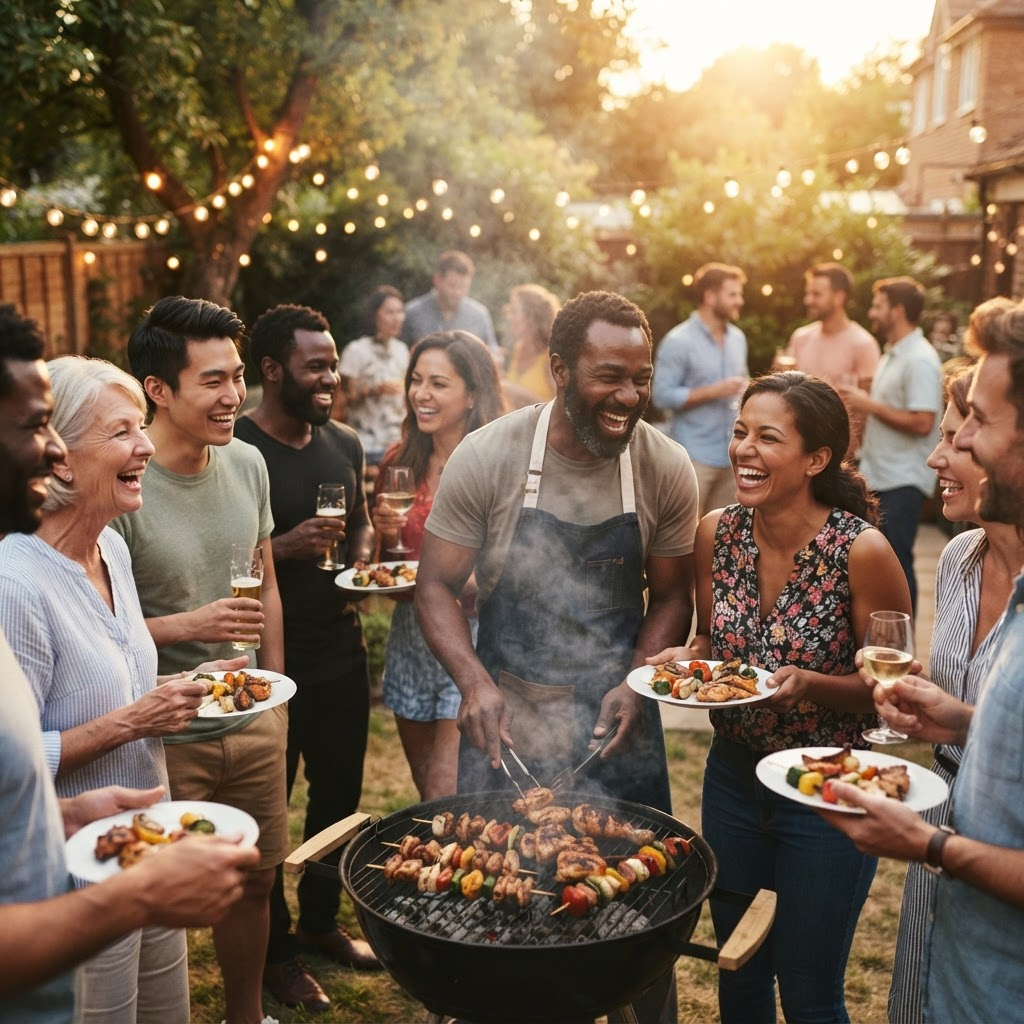 Friends and family gathered around a backyard grill on a summer evening, laughing together