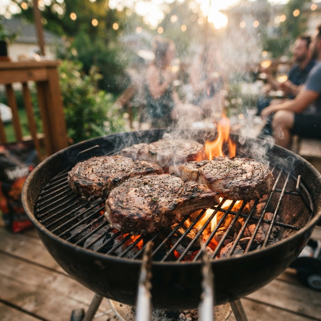 Seasoned steaks sizzling over flames on a backyard charcoal grill