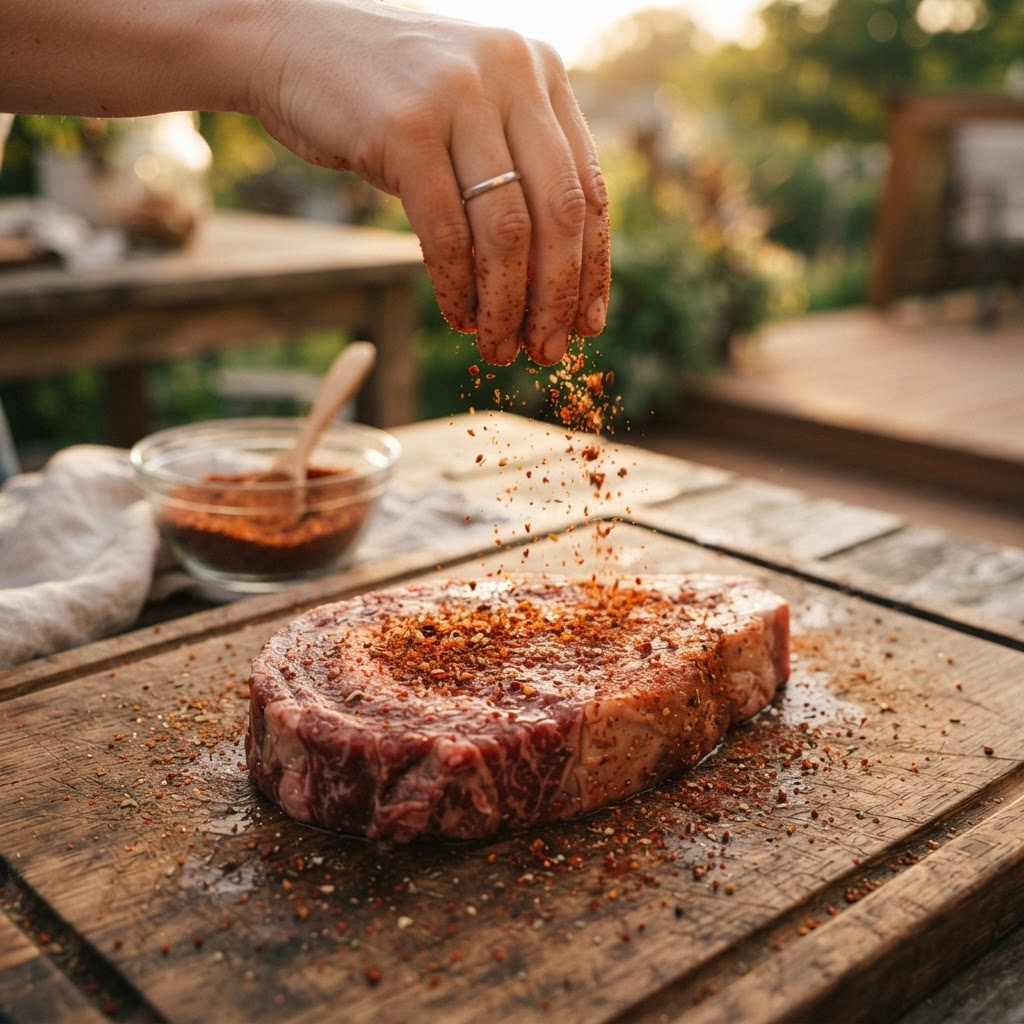 A hand sprinkling Bob's Lips on Fire steak rub over a raw ribeye on a cutting board